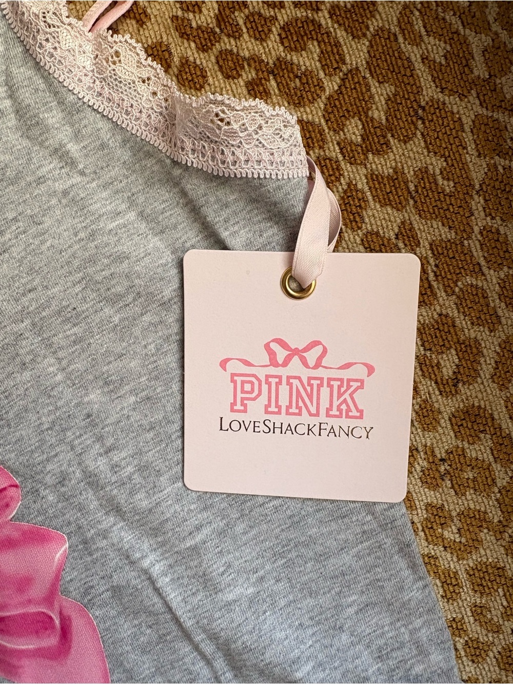 PINK Loveshack Fancy Gray Tank with Pink Bow and Lace Trim - Picture 3 of 6